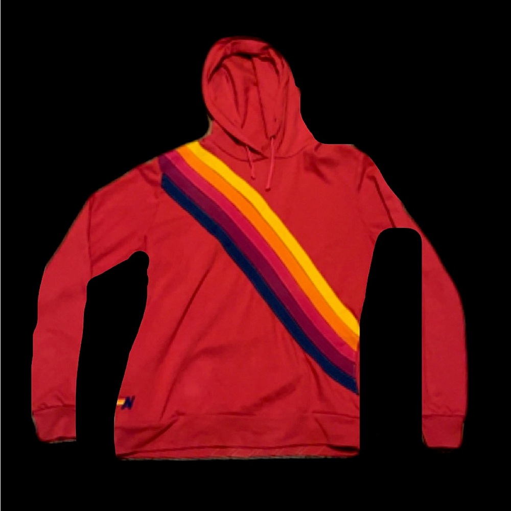 AVIATOR NATION Rainbow 5-Stripe Pullover Hoodie Sweatshirt Red L